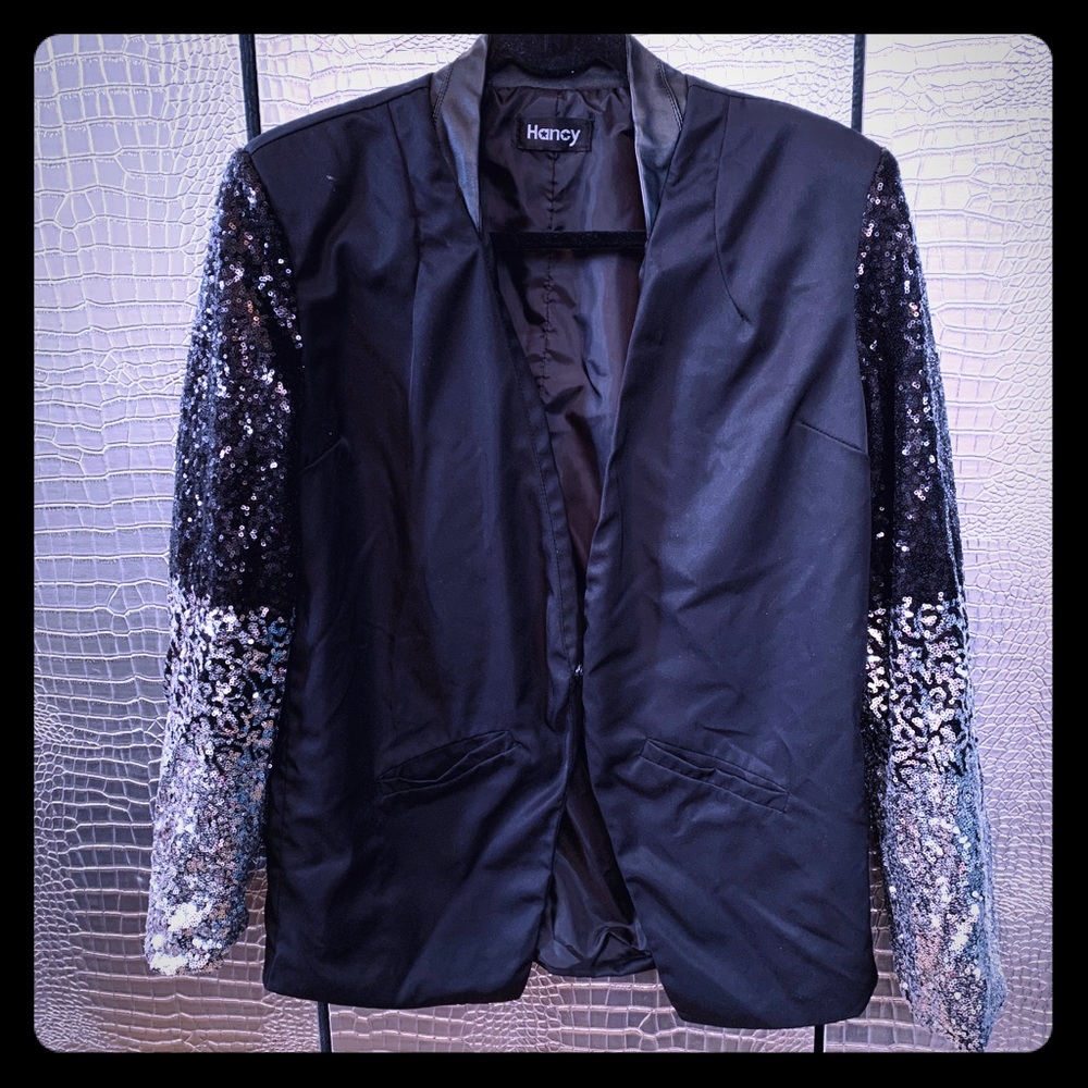 Black Satin Ombre Sequin Silver Blazer 12P Pretty!